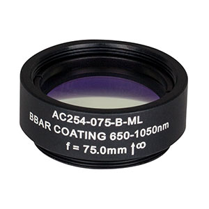 AC254-075-B-ML - f=75 mm, Ø1in Achromatic Doublet, SM1-Threaded Mount, ARC: 650-1050 nm