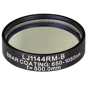 LJ1144RM-B - f = 500.0 mm, Ø1in, N-BK7 Mounted Plano-Convex Round Cyl Lens, ARC: 650 - 1050 nm