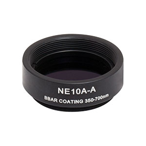 NE10A-A - Ø25 mm Absorptive Neutral Density Filter, SM1-Threaded Mount, ARC: 350-700 nm, OD: 1.0