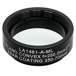 LA1461-A-ML - Ø1in N-BK7 Plano-Convex Lens, SM1-Threaded Mount, f = 250 mm, ARC: 350-700 nm