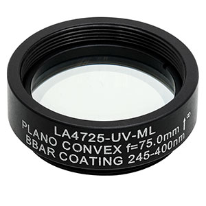 LA4725-UV-ML -  Ø1in UVFS Plano-Convex Lens, SM1-Threaded Mount, f = 75.0 mm, ARC: 245-400 nm