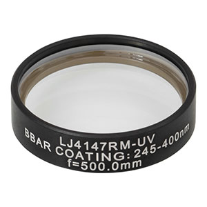 LJ4147RM-UV - f = 500.0 mm, Ø1in, UVFS Mounted Plano-Convex Round Cyl Lens, ARC: 245 - 400 nm
