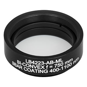 LB4223-AB-ML - f = 750 mm, Ø1in Mounted UV Fused Silica Bi-Convex Lens, AR Coating: 400 - 1100 nm