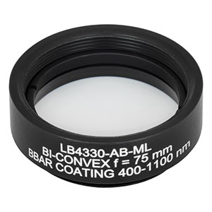 LB4330-AB-ML - f = 75 mm, Ø1in Mounted UV Fused Silica Bi-Convex Lens, AR Coating: 400 - 1100 nm