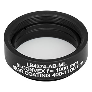 LB4374-AB-ML - f = 1000 mm, Ø1in Mounted UV Fused Silica Bi-Convex Lens, AR Coating: 400 - 1100 nm