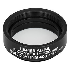 LB4453-AB-ML - f = 500 mm, Ø1in Mounted UV Fused Silica Bi-Convex Lens, AR Coating: 400 - 1100 nm