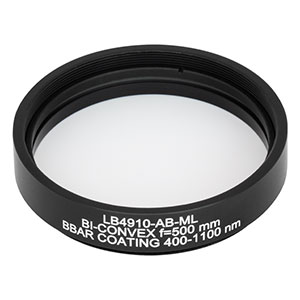 LB4910-AB-ML - f = 500 mm, Ø2in Mounted UV Fused Silica Bi-Convex Lens, AR Coating: 400 - 1100 nm