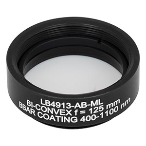 LB4913-AB-ML - f = 125 mm, Ø1in Mounted UV Fused Silica Bi-Convex Lens, AR Coating: 400 - 1100 nm