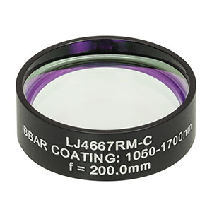 LJ4667RM-C - f = 200.0 mm, Ø1in, UVFS Mounted Plano-Convex Round Cyl Lens, ARC: 1050 - 1700 nm