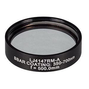 LJ4147RM-A - f = 500.0 mm, Ø1in, UVFS Mounted Plano-Convex Round Cyl Lens, ARC: 350 - 700 nm
