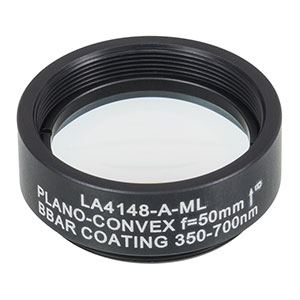 LA4148-A-ML - Ø1in UVFS Plano-Convex Lens, SM1-Threaded Mount, f = 50.0 mm, ARC: 350 - 700 nm