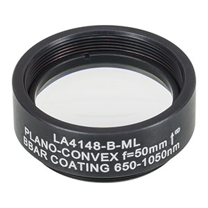 LA4148-B-ML - Ø1in UVFS Plano-Convex Lens, SM1-Threaded Mount, f = 50.0 mm, ARC: 650 - 1050 nm