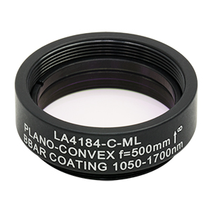 LA4184-C-ML - Ø1in UVFS Plano-Convex Lens, SM1-Threaded Mount, f = 500.0 mm, ARC: 1050 - 1700 nm