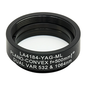 LA4184-YAG-ML - Ø1in UVFS Plano-Convex Lens, SM1-Threaded Mount, f = 500.0 mm, 532/1064 nm V-Coat