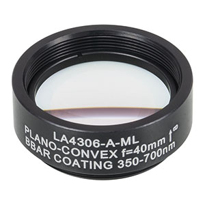 LA4306-A-ML - Ø1in UVFS Plano-Convex Lens, SM1-Threaded Mount, f = 40.0 mm, ARC: 350 - 700 nm