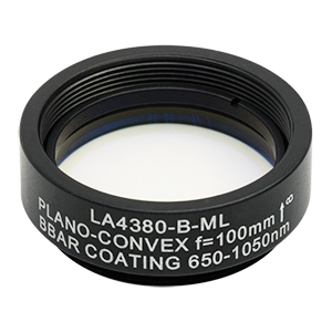 LA4380-B-ML - Ø1in UVFS Plano-Convex Lens, SM1-Threaded Mount, f = 100.0 mm, ARC: 650 - 1050 nm