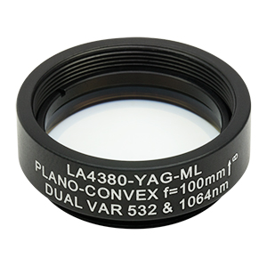 LA4380-YAG-ML - Ø1in UVFS Plano-Convex Lens, SM1-Threaded Mount, f = 100.0 mm, 532/1064 nm V-Coat