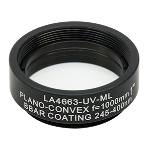 LA4663-UV-ML - Ø1in UVFS Plano-Convex Lens, SM1-Threaded Mount, f = 1000.0 mm, ARC: 245-400 nm