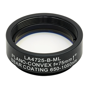 LA4725-B-ML - Ø1in UVFS Plano-Convex Lens, SM1-Threaded Mount, f = 75.0 mm, ARC: 650 - 1050 nm