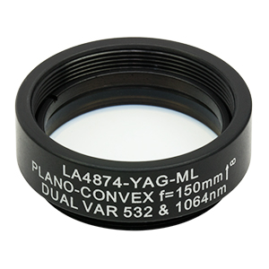 LA4874-YAG-ML - Ø1in UVFS Plano-Convex Lens, SM1-Threaded Mount, f = 150.0 mm, 532/1064 nm V-Coat