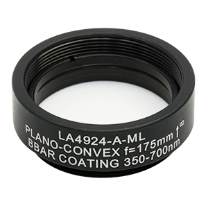 LA4924-A-ML - Ø1in UVFS Plano-Convex Lens, SM1-Threaded Mount, f = 175.0 mm, ARC: 350 - 700 nm