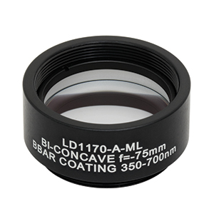 LD1170-A-ML - Ø1in N-BK7 Bi-Concave Lens, SM1-Mounted, f =-75 mm, ARC: 350-700 nm