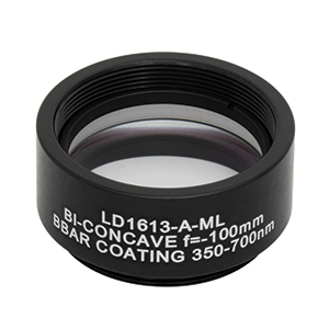 LD1613-A-ML - Ø1in N-BK7 Bi-Concave Lens, SM1-Mounted, f =-100 mm, ARC: 350-700 nm