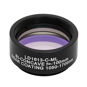 LD1613-C-ML - Ø1in N-BK7 Bi-Concave Lens, SM1-Mounted, f =-100 mm, ARC: 1050-1700 nm