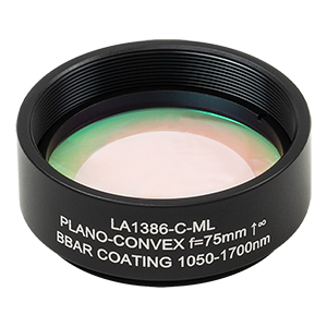 LA1386-C-ML - Ø1.5in N-BK7 Plano-Convex Lens, SM1.5-Threaded Mount, f = 75 mm, ARC: 1050-1700 nm