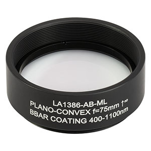 LA1386-AB-ML - Ø1.5in N-BK7 Plano-Convex Lens, SM1.5-Threaded Mount, f = 75 mm, ARC: 400-1100 nm
