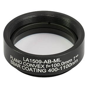 LA1509-AB-ML - Ø1in N-BK7 Plano-Convex Lens, SM1-Threaded Mount, f = 100 mm, ARC: 400-1100 nm